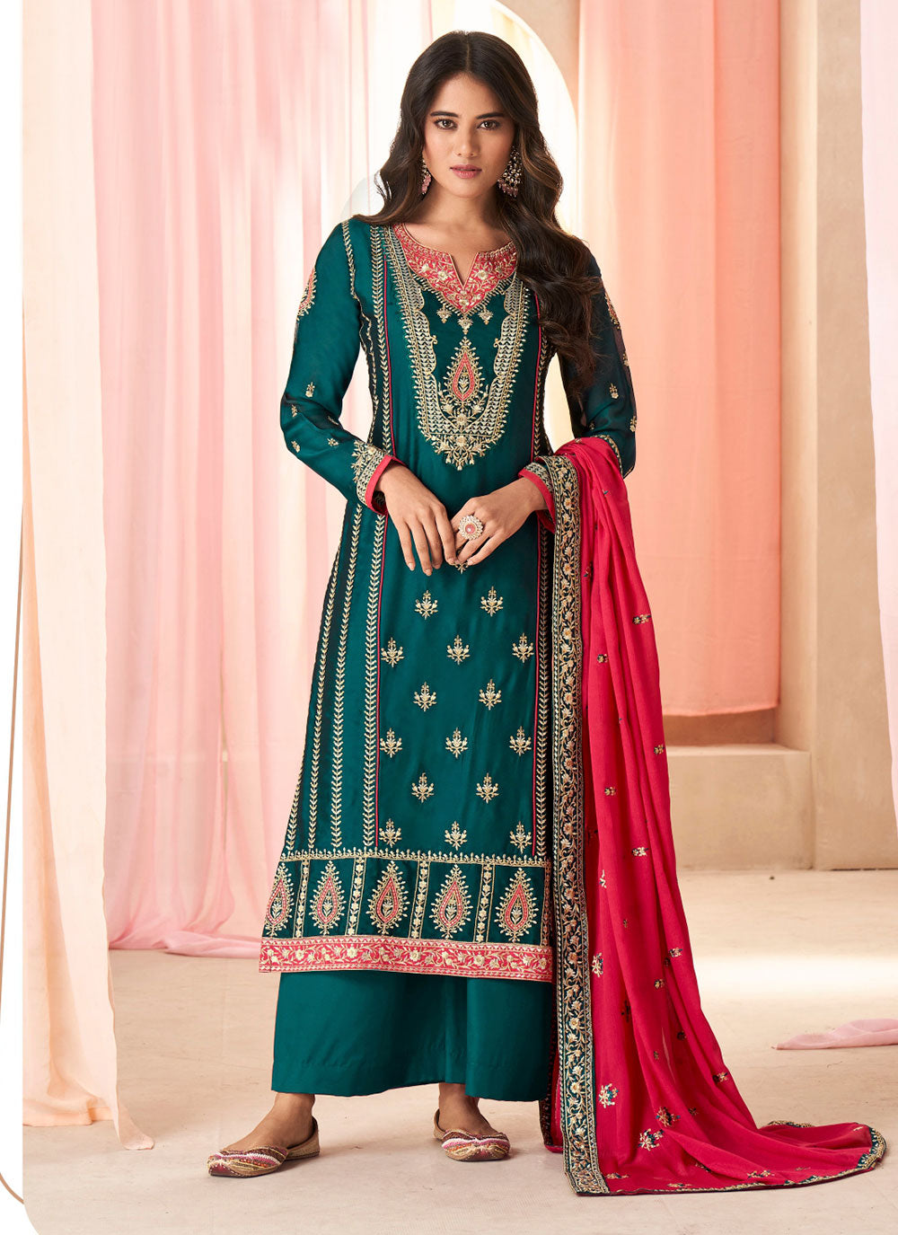Green Silk Embroidered Work Readymade Salwar Suit For Ceremonial