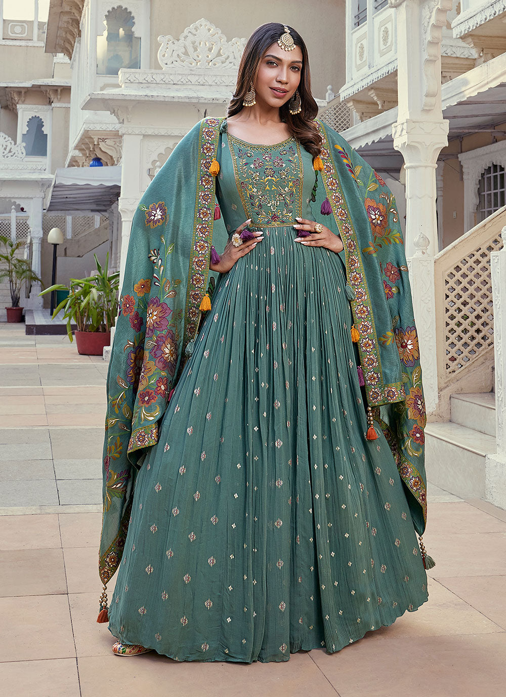 Teal Silk Indian Gown