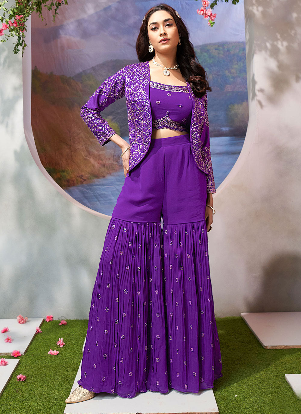 Silk Jacket Style Suit In Violet