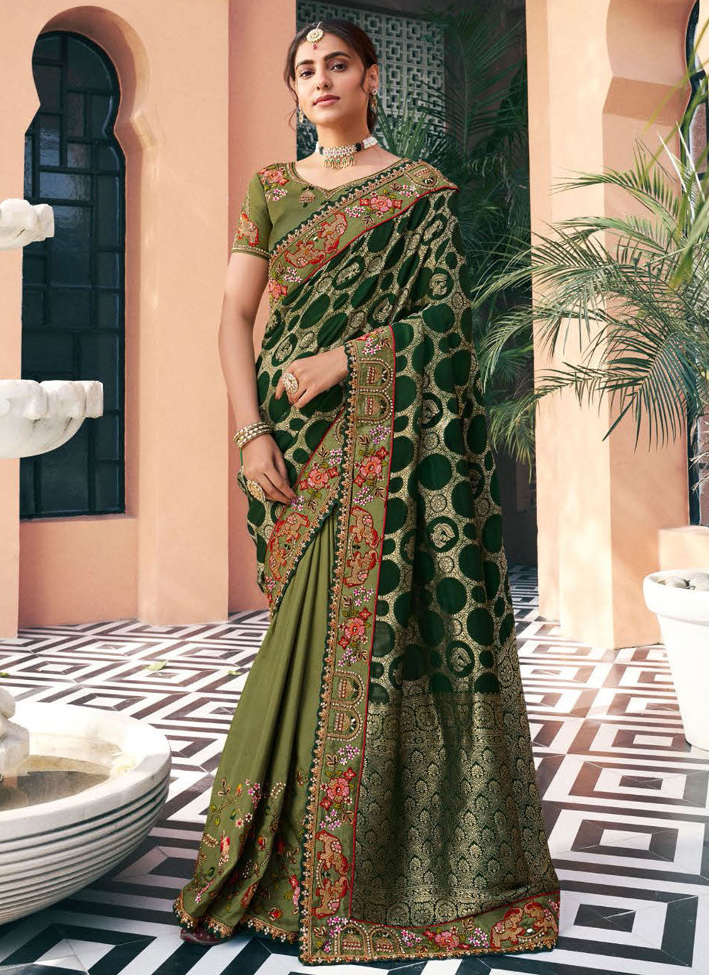 Green Embroidered Work Classic Saree For Women