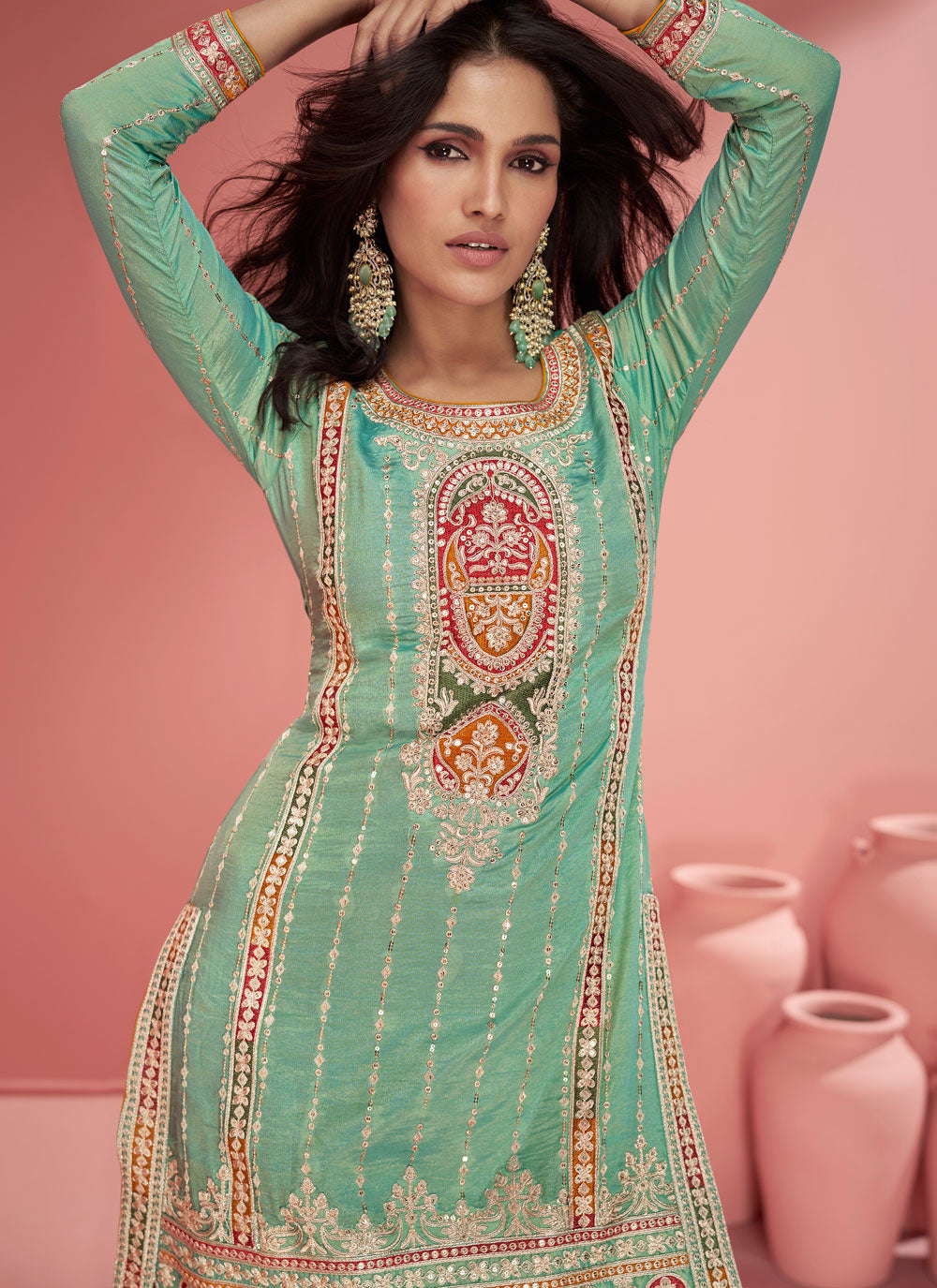Green Organza Embroidered Work Readymade Salwar Suit For Ceremonial