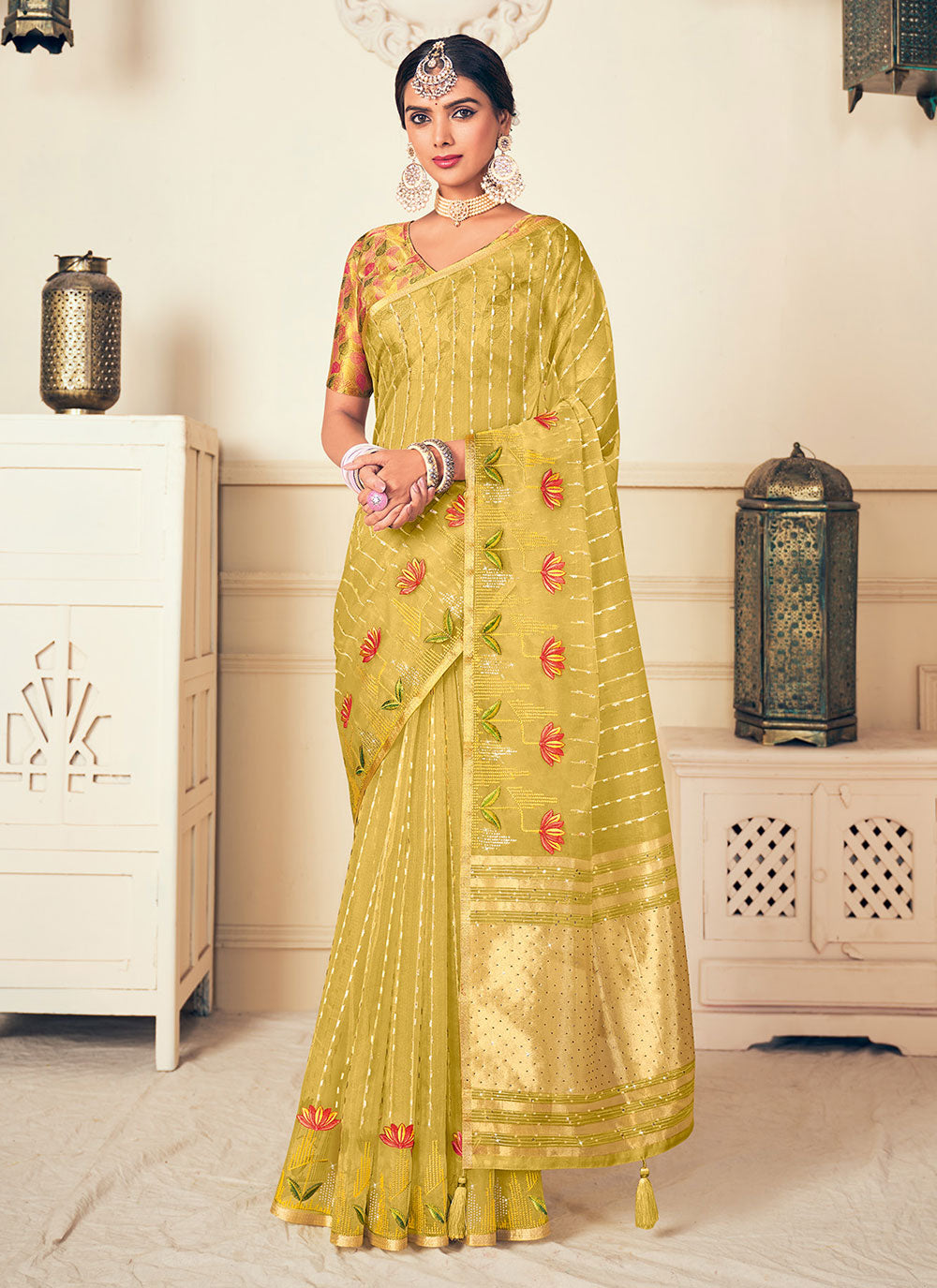 Green Silk Embroidered And Woven Work Trendy Saree For Women
