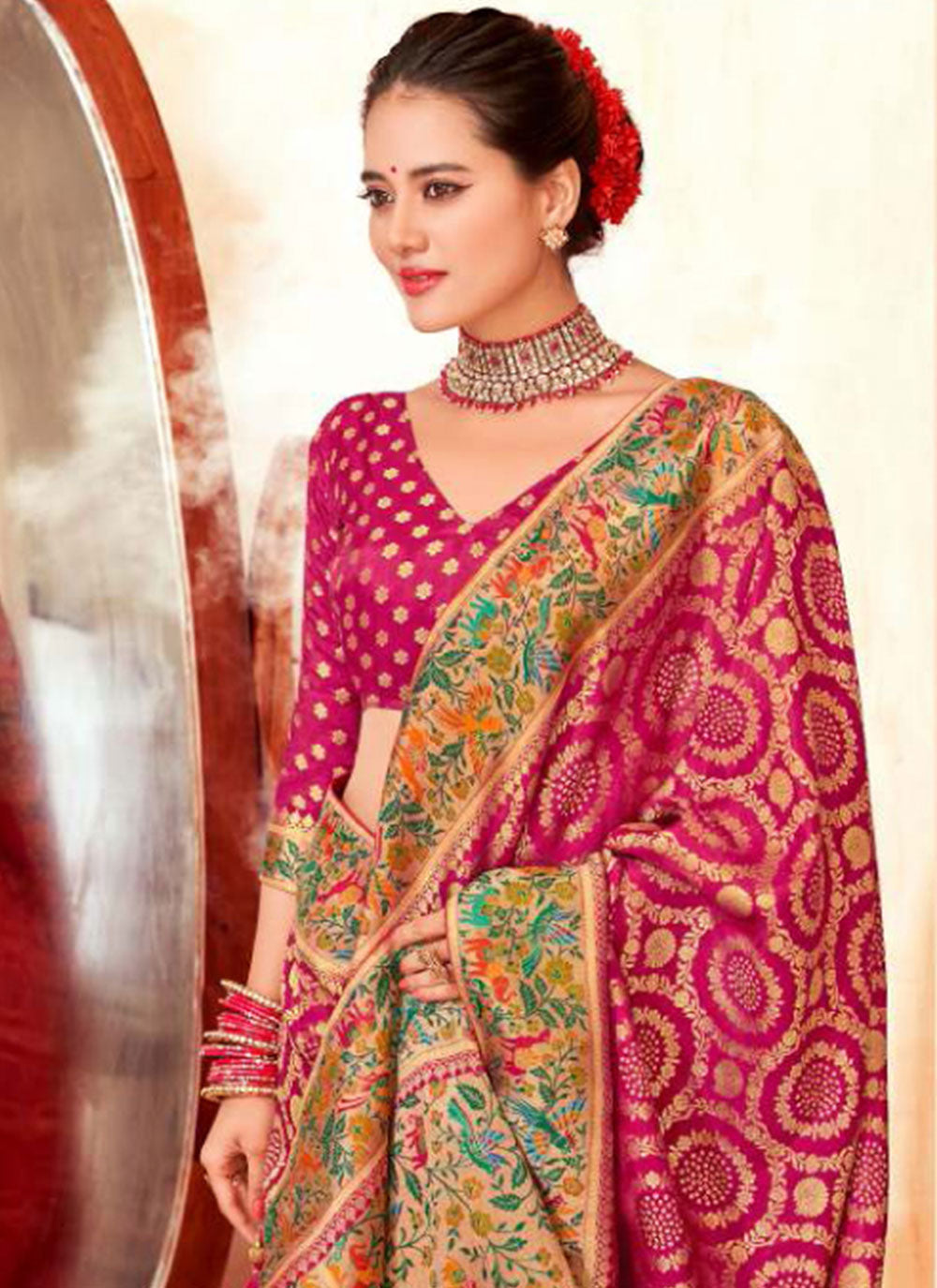 Magenta Woven Work Silk Classic Sari