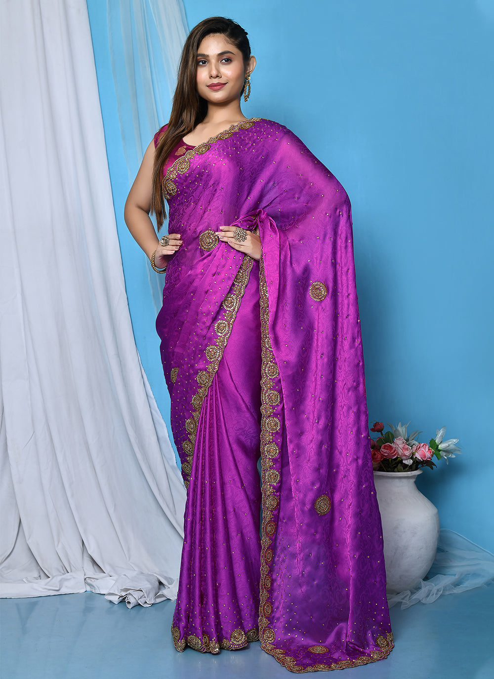 Embroidered Saree In Magenta