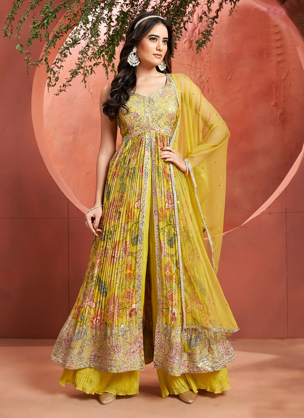 Mustard Silk Salwar Suit With Embroidered And Print Work