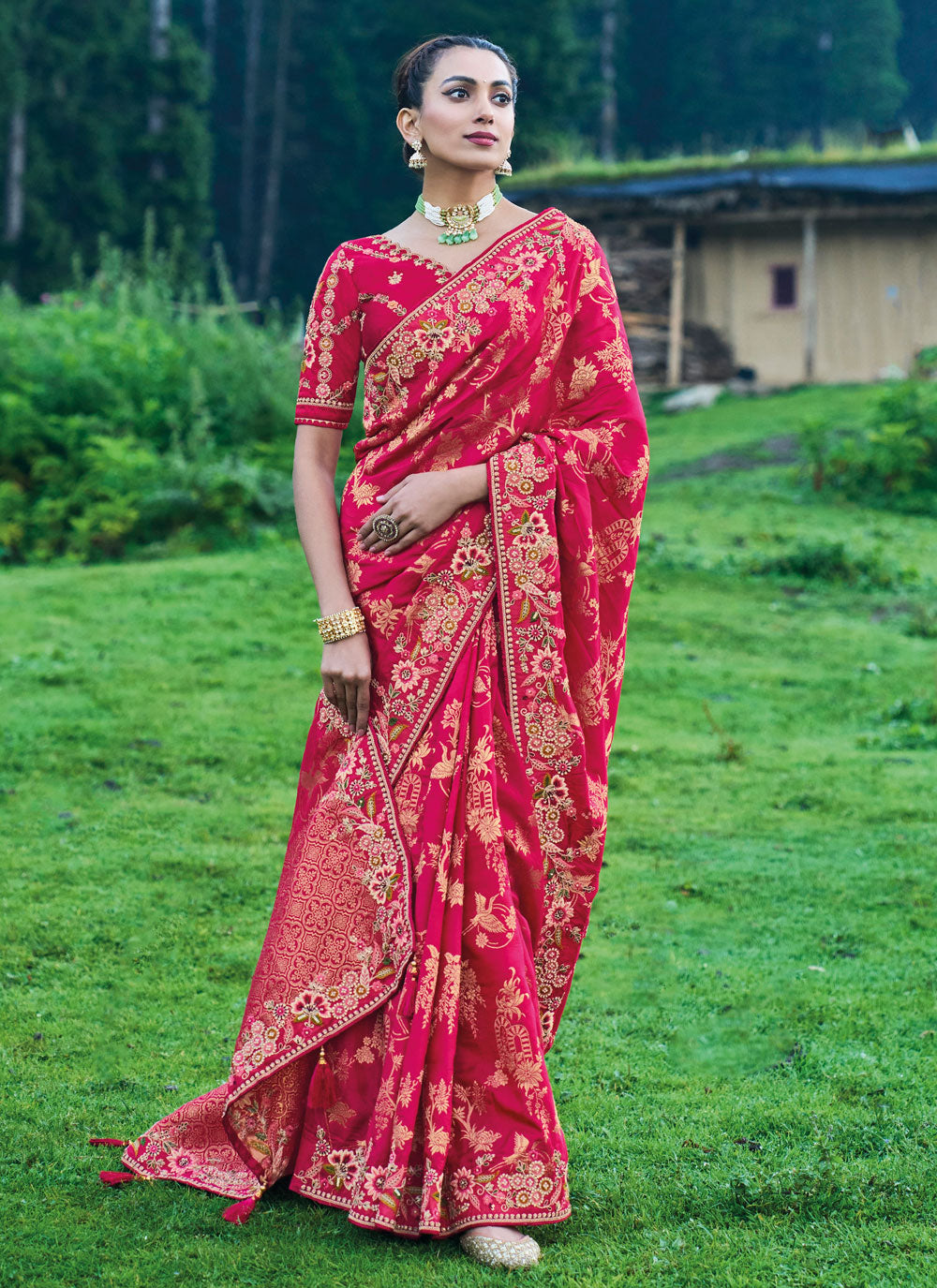 Embroidered Work Silk Classic Saree In Rani For Engagement