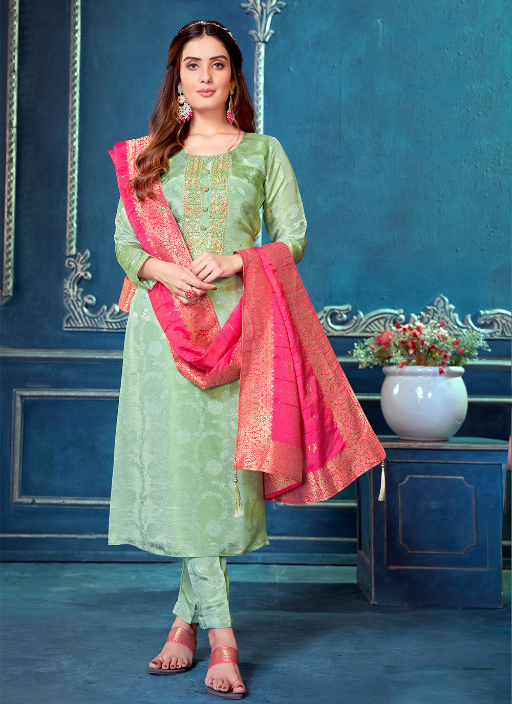 Green Silk Readymade Salwar Suit