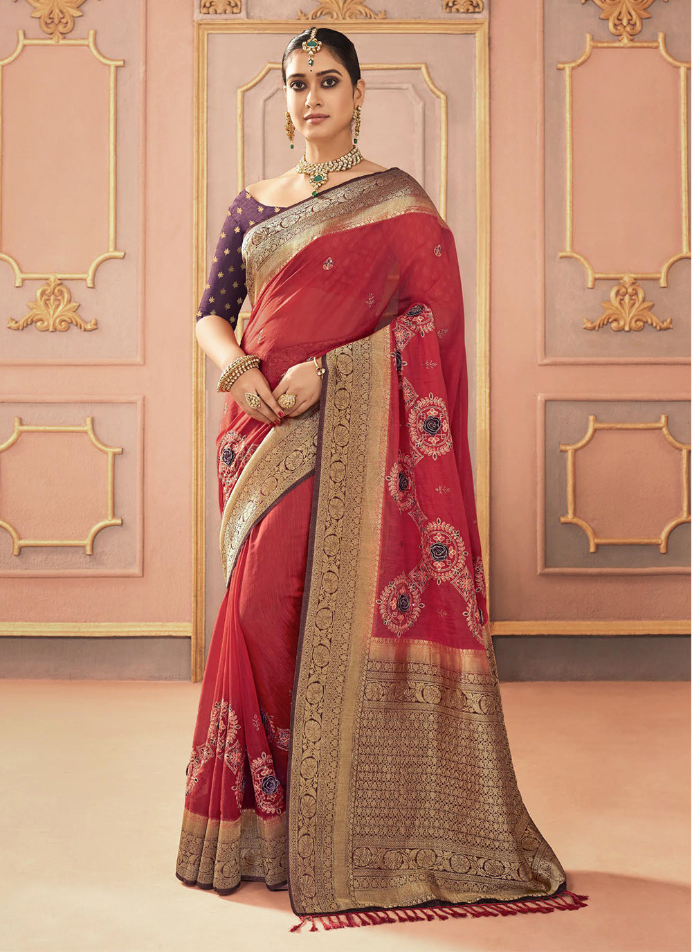 Red Embroidered, Resham And Stone Work Silk Trendy Saree