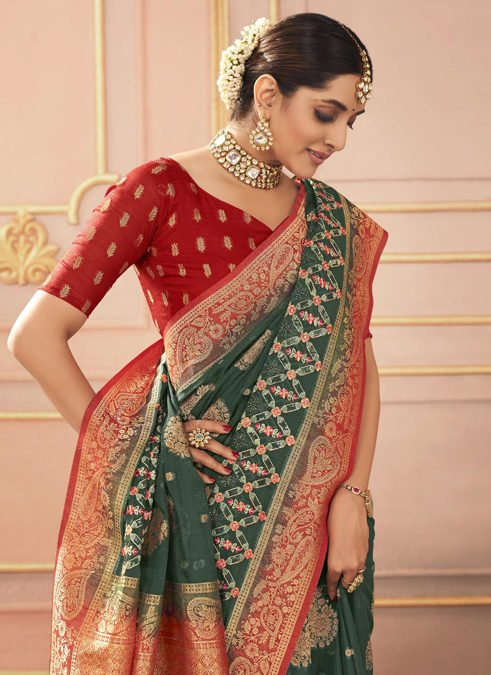 Green Silk Embroidered, Resham And Stone Work Classic Sari