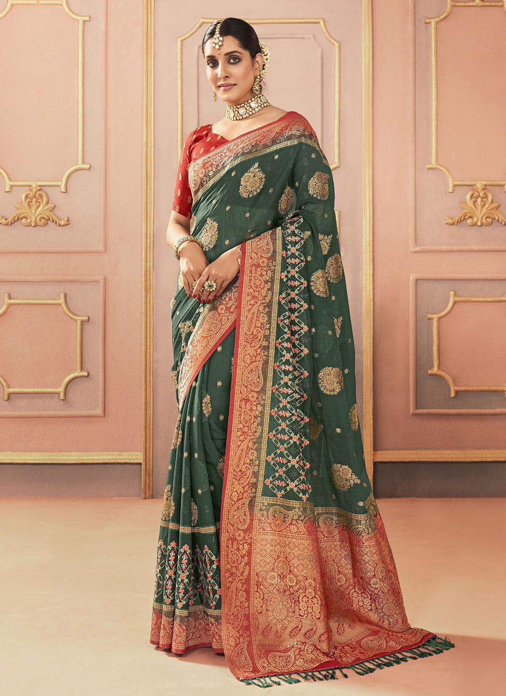 Green Silk Embroidered, Resham And Stone Work Classic Sari