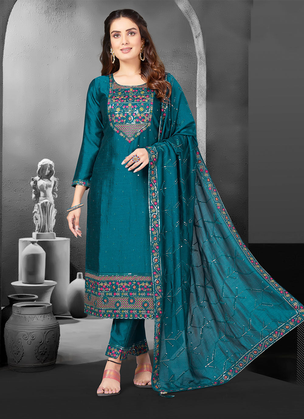 Teal Embroidered And Mirror Work Salwar Suit For Engagement