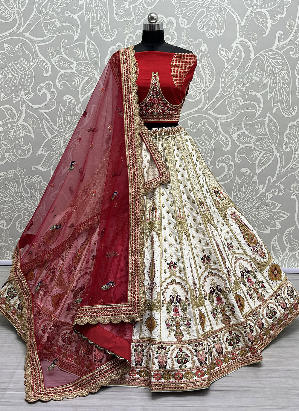 White Silk Dori, Embroidered, Khatli, Sequins, Thread, Zardosi And Zari Work A - Line Lehenga Choli For Bridal
