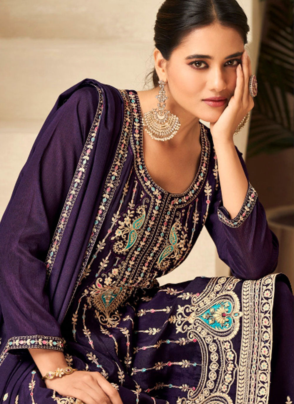 Purple Chinon Trendy Suit With Embroidered Work For Women