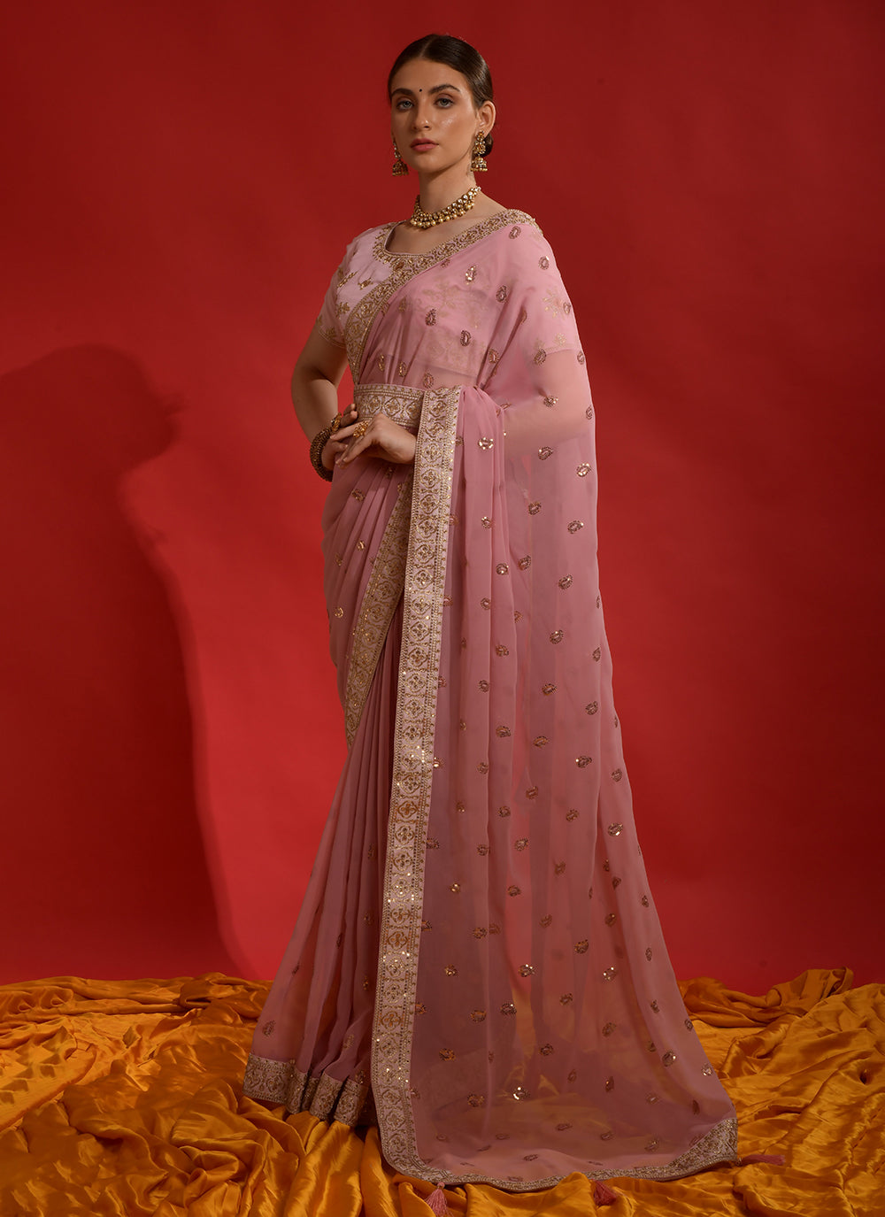 Georgette Embroidered Pink Trendy Saree