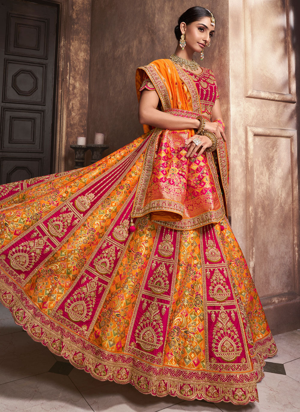Cut, Embroidered And Patch Border Work Silk Lehenga Choli In Mustard And Pink