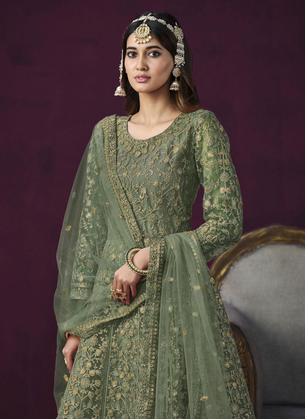 Embroidered Work Net Salwar Suit In Green