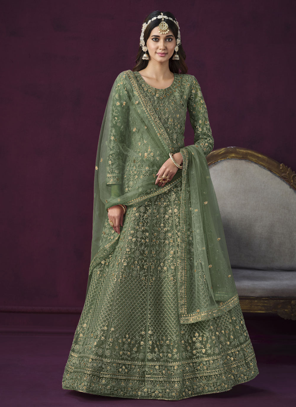 Embroidered Work Net Salwar Suit In Green