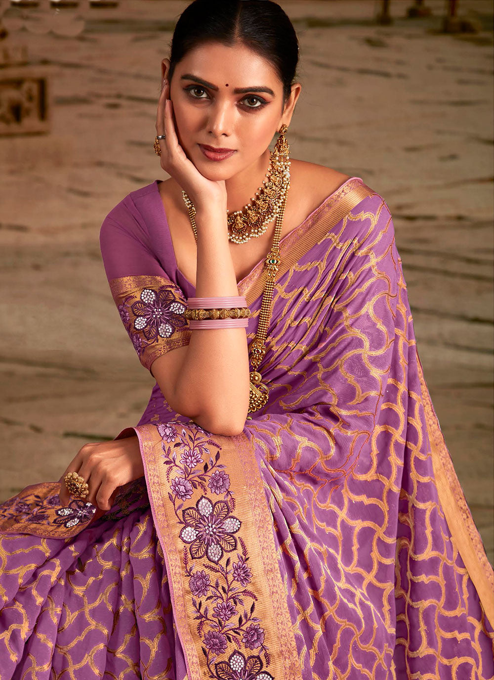 Georgette Classic Sari With Embroidered And Weaving Work