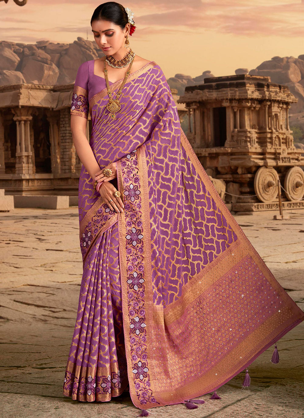 Georgette Classic Sari With Embroidered And Weaving Work