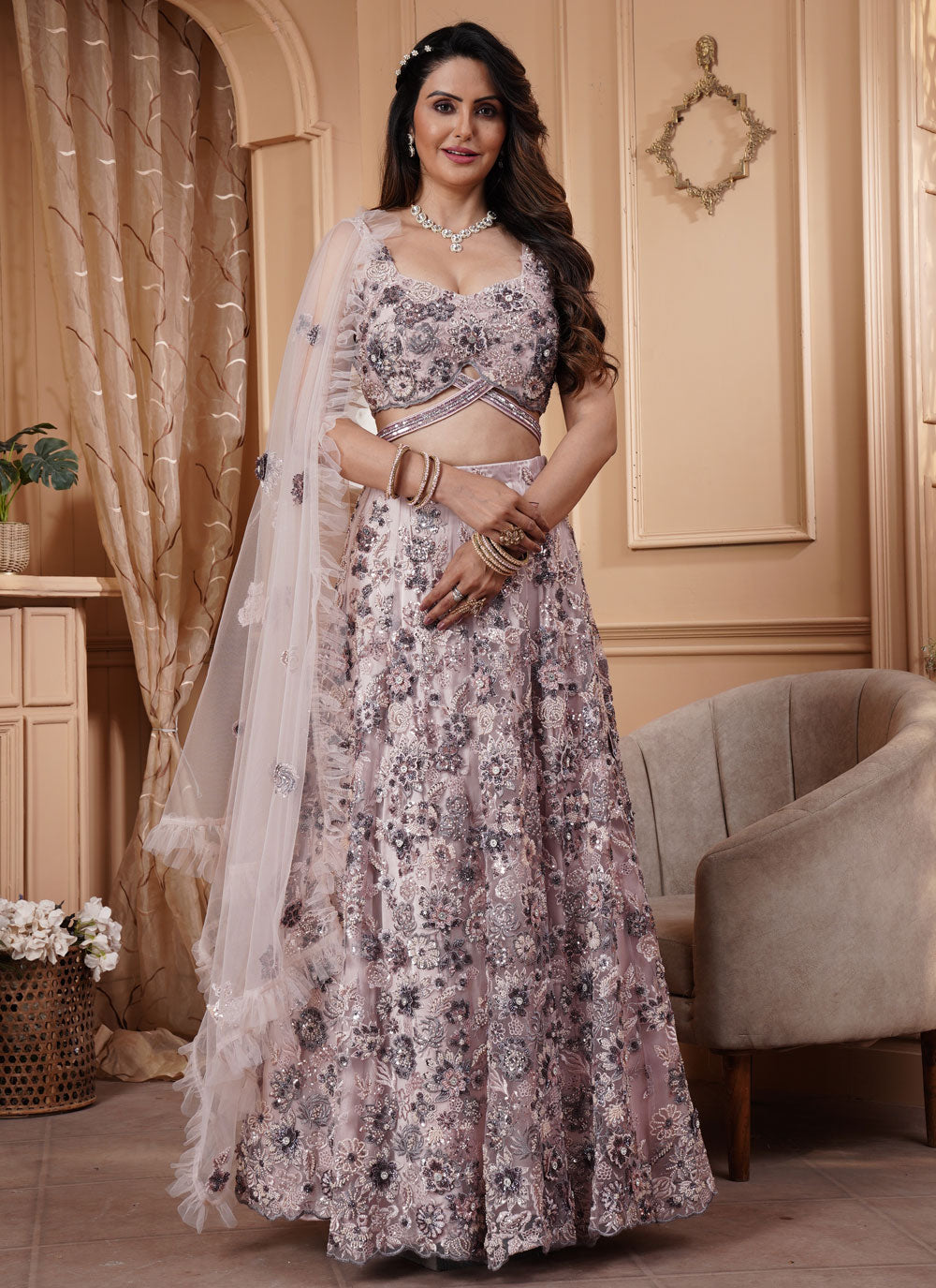 Embroidered Work Net Readymade Lehenga Choli In Mauve For Engagement