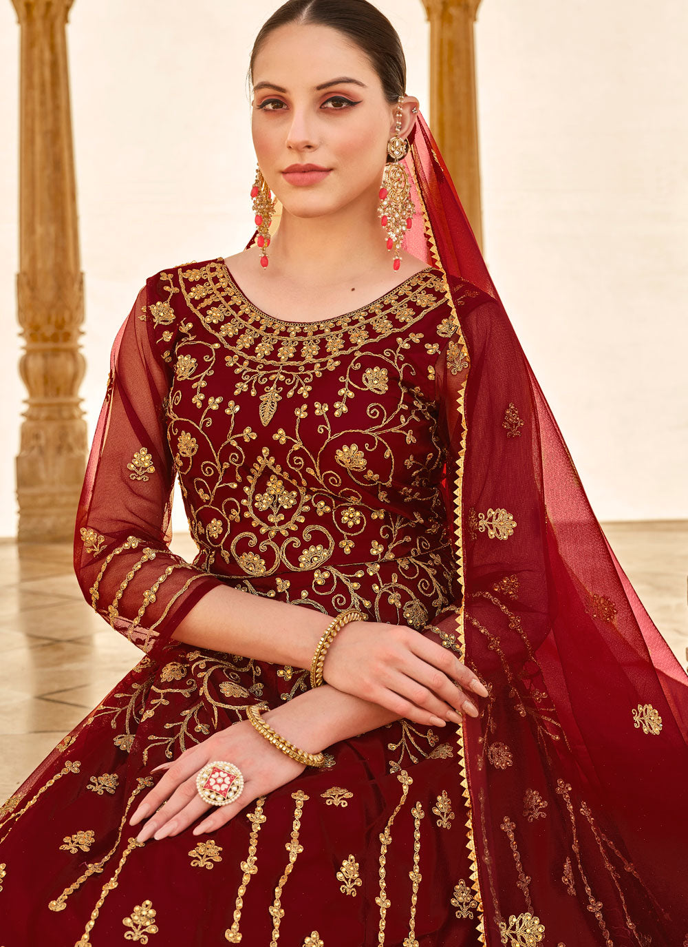 Embroidered And Stone Work Net Trendy Suit In Maroon For Engagement