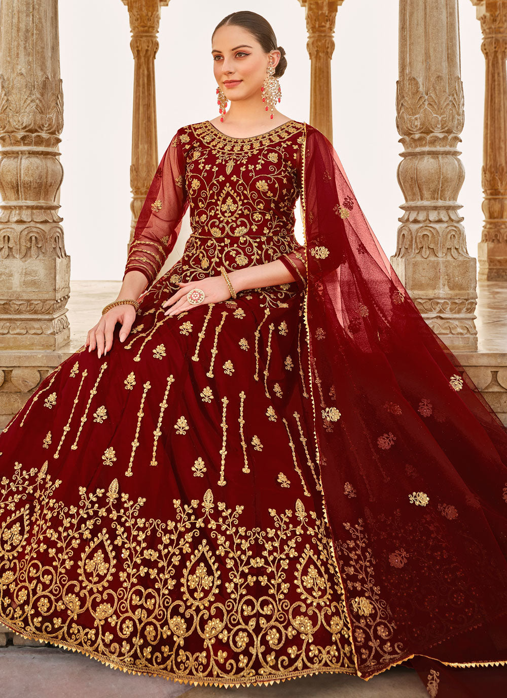 Embroidered And Stone Work Net Trendy Suit In Maroon For Engagement