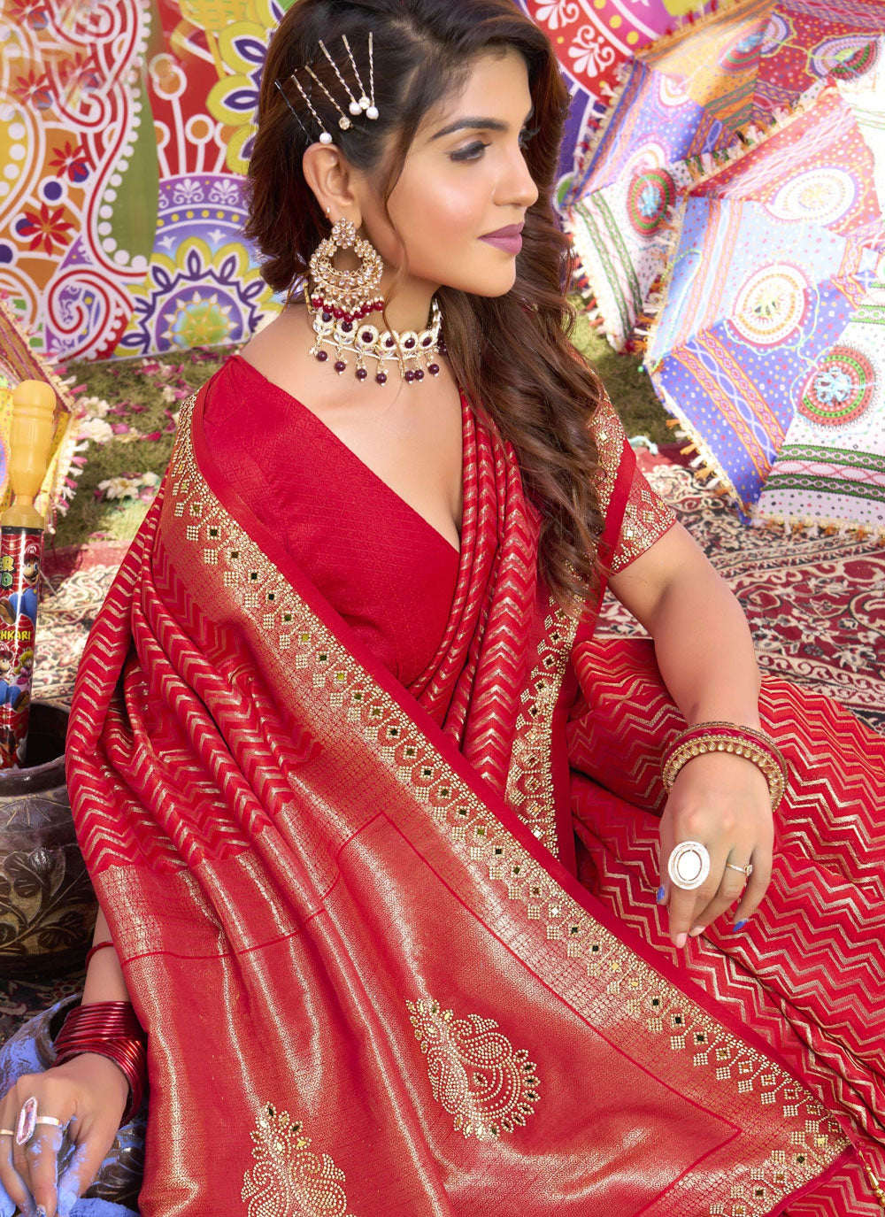 Brocade Contemporary Sari In Red