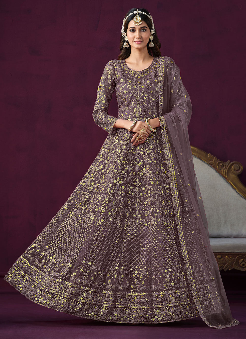 Net Floor Length Salwar Suit In Purple For Ceremonial