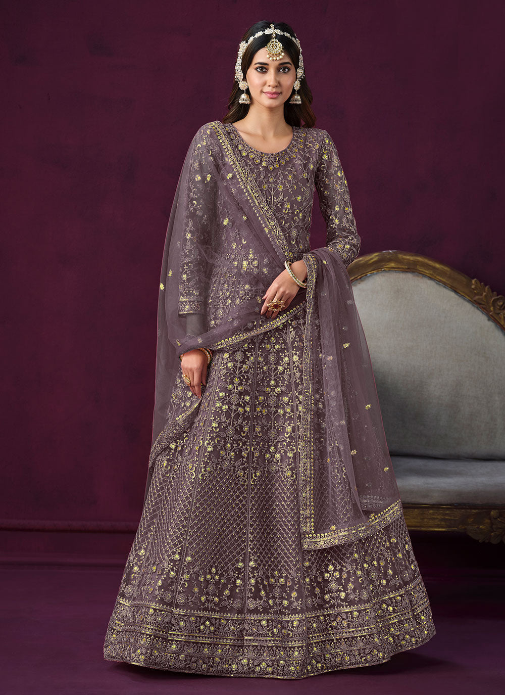 Net Floor Length Salwar Suit In Purple For Ceremonial