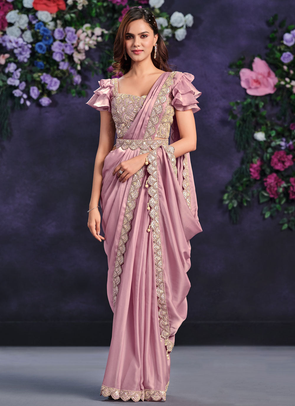 Pink Cord, Sequins And Stone Work Crepe Silk Classic Saree