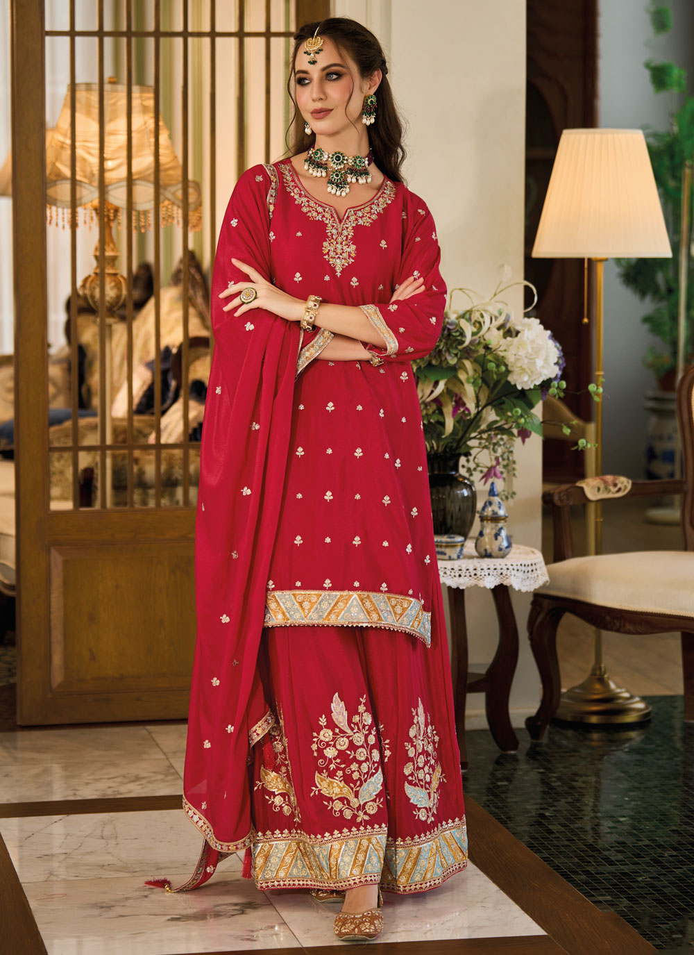 Red Chinon Embroidered Work Palazzo Salwar Suit For Ceremonial