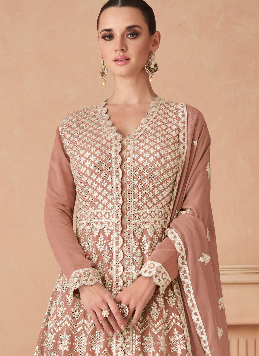 Beige Georgette Anarkali Suit With Embroidered And Sequins Work