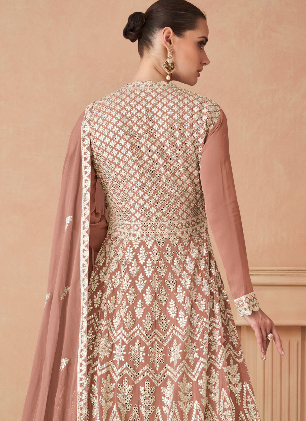 Beige Georgette Anarkali Suit With Embroidered And Sequins Work