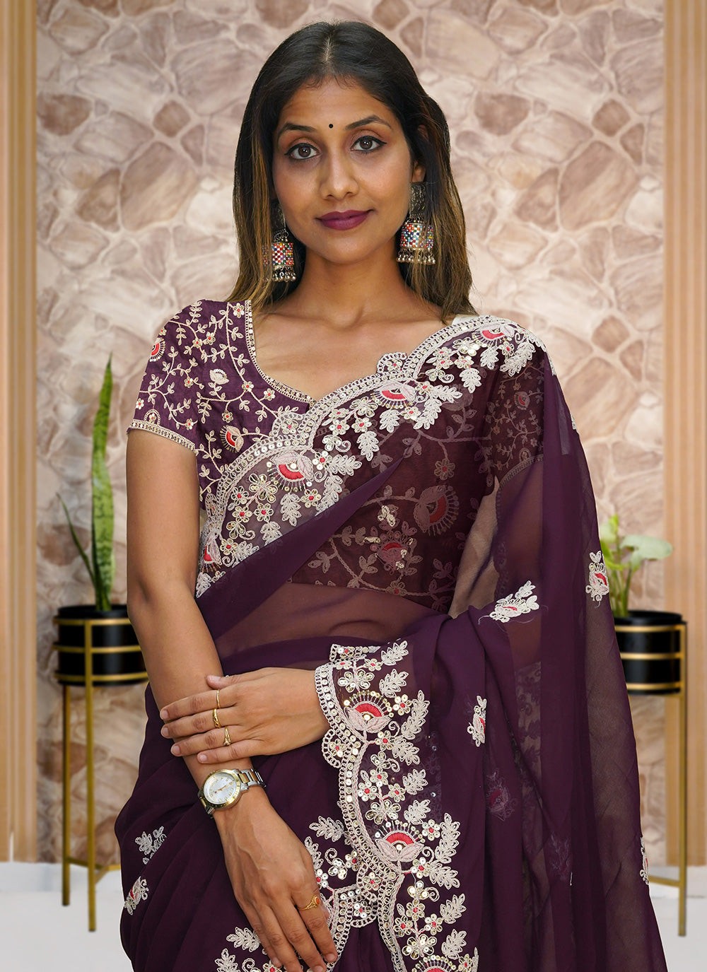 Purple Embroidered Trendy Saree