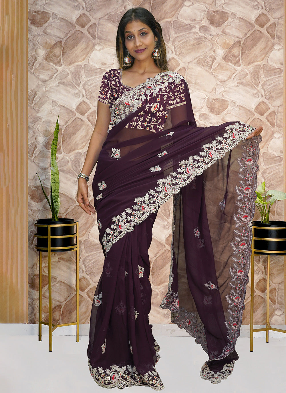 Purple Embroidered Trendy Saree