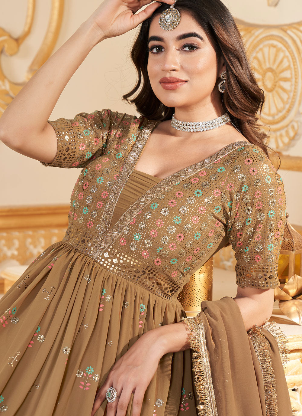 Brown Faux Georgette Gown With Foil Print Work