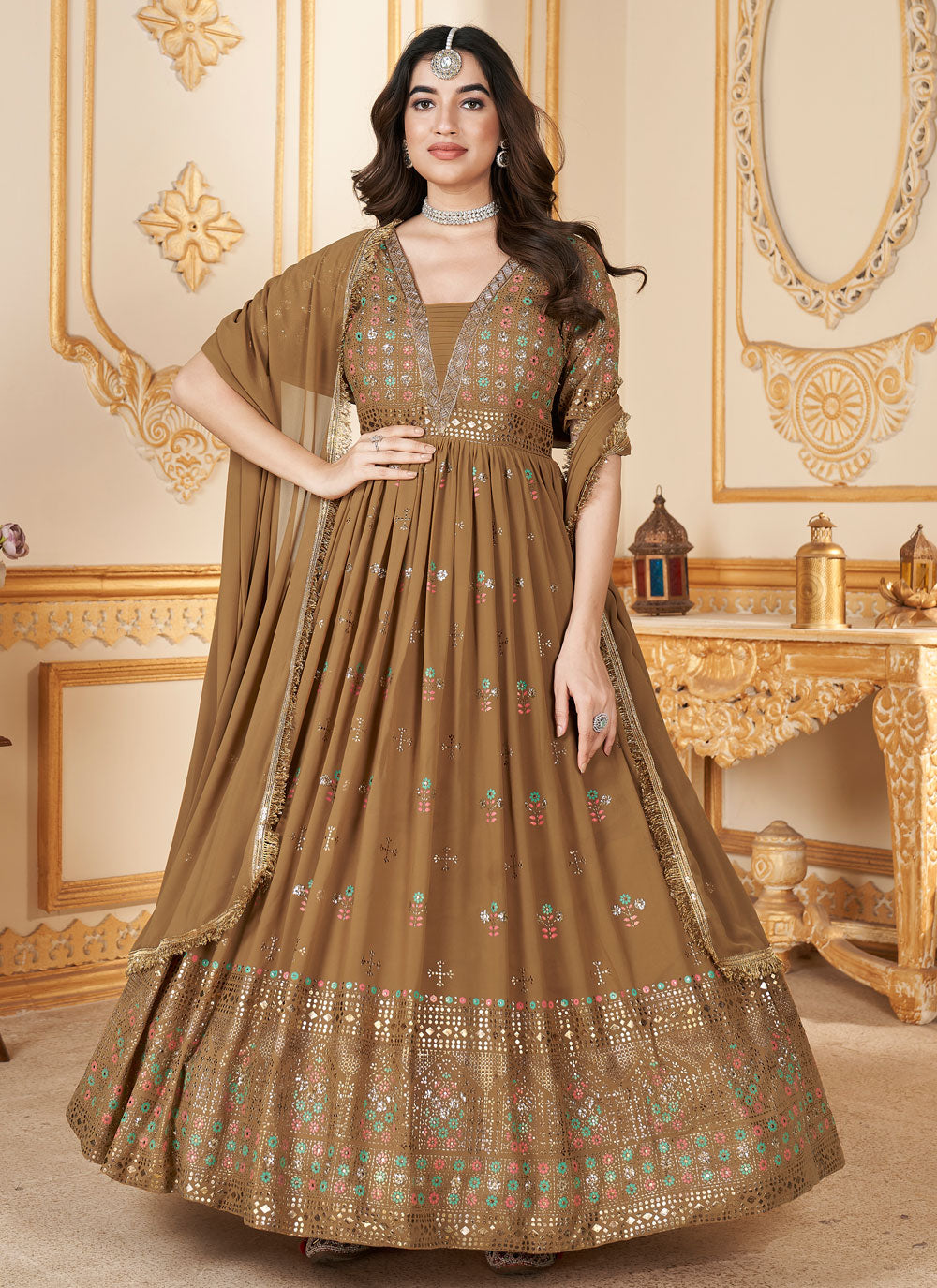 Brown Faux Georgette Gown With Foil Print Work