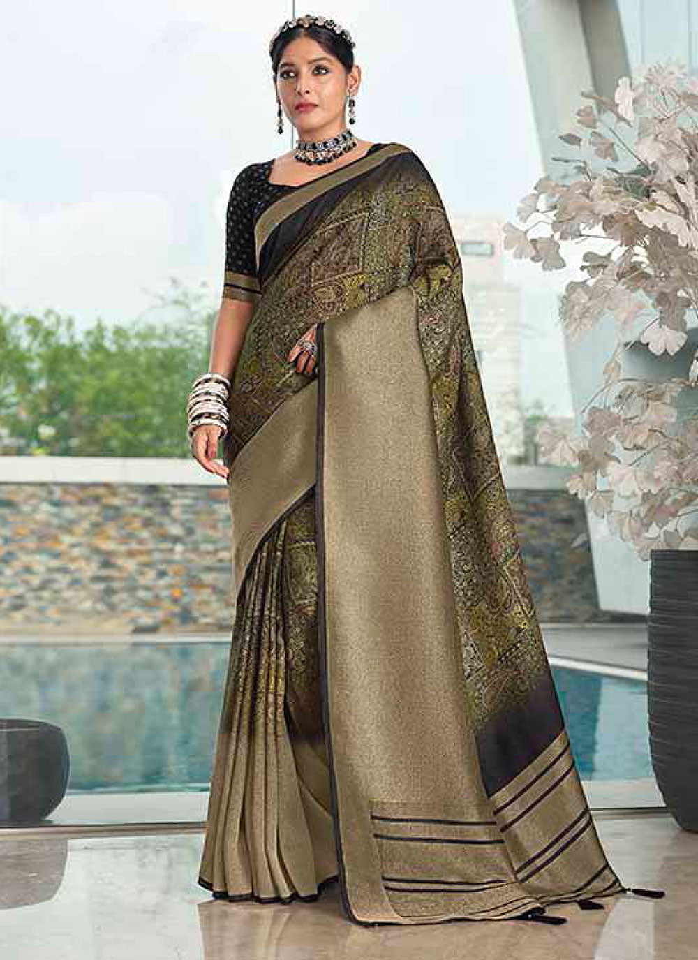 Abstract Print Work Silk Trendy Saree In Green For Ceremonial