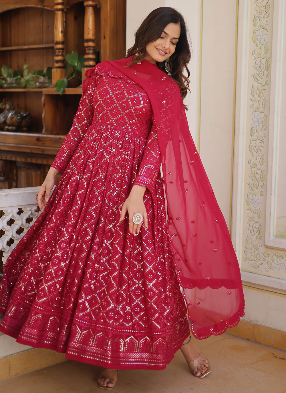 Faux Georgette Indian Gown In Rani