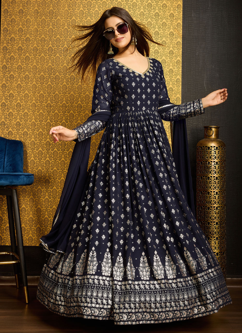Blue Faux Georgette Foil Print And Hand Work Designer Gown For Party
