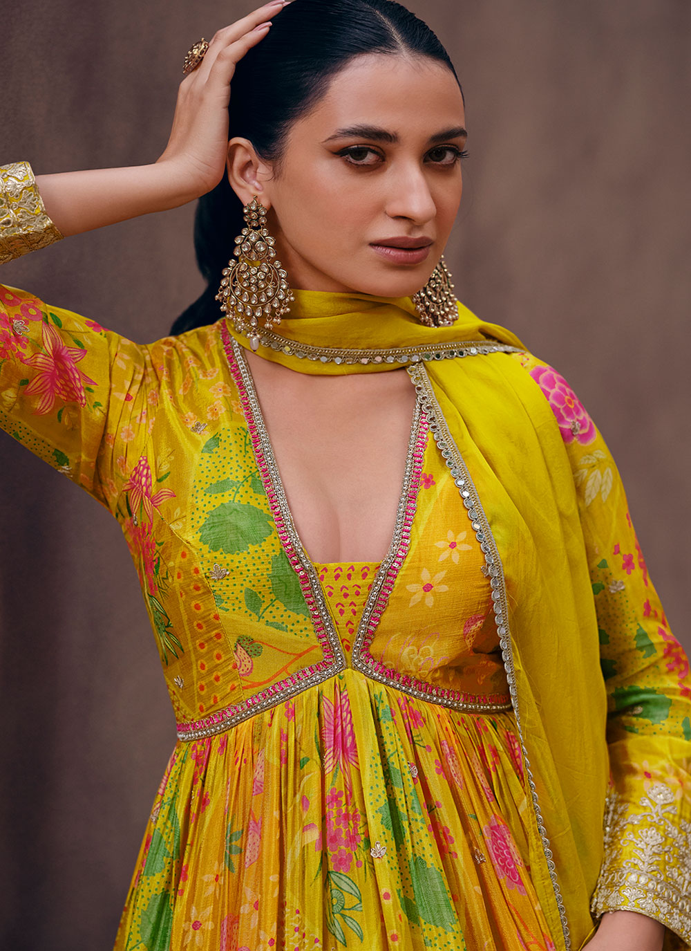 Embroidered Work Georgette Gown In Yellow For Ceremonial