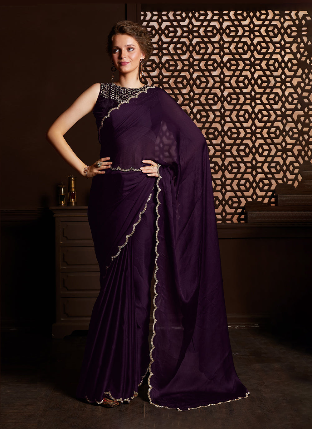 Satin Silk Saree In Purple