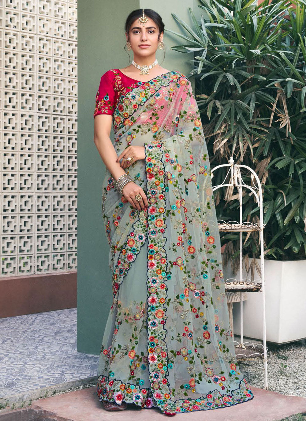Grey Classic Saree With Embroidered Work For Women