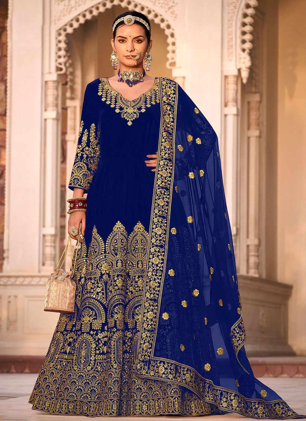 Embroidered Work Velvet Anarkali Suit In Blue