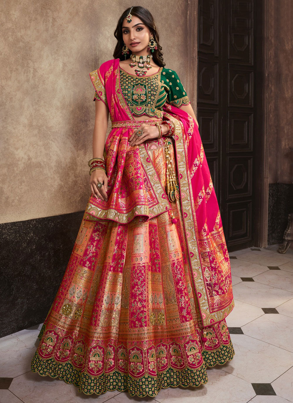 Diamond And Embroidered Work Banarasi Silk Lehenga Choli In Pink
