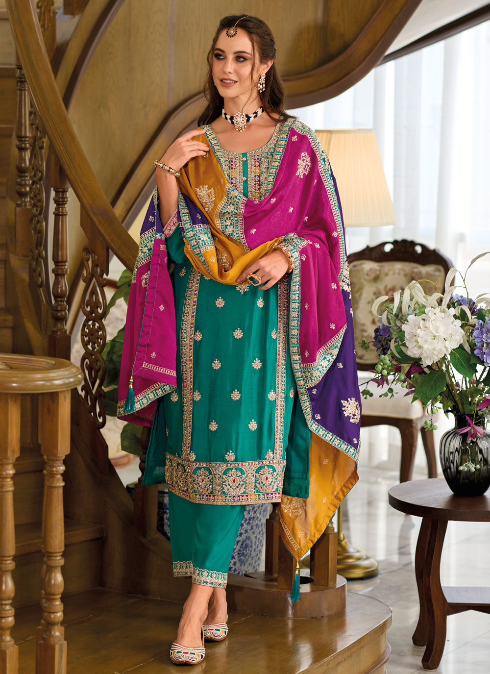 Embroidered Work Chinon Salwar Suit In Rama For Ceremonial