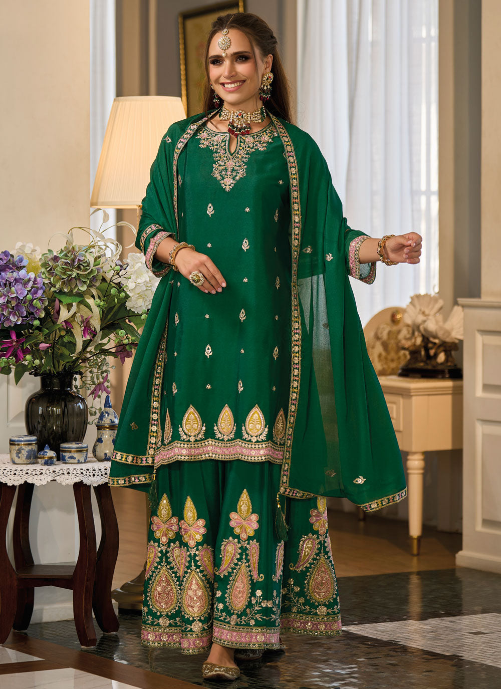 Green Chinon Salwar Suit With Embroidered Work For Ceremonial