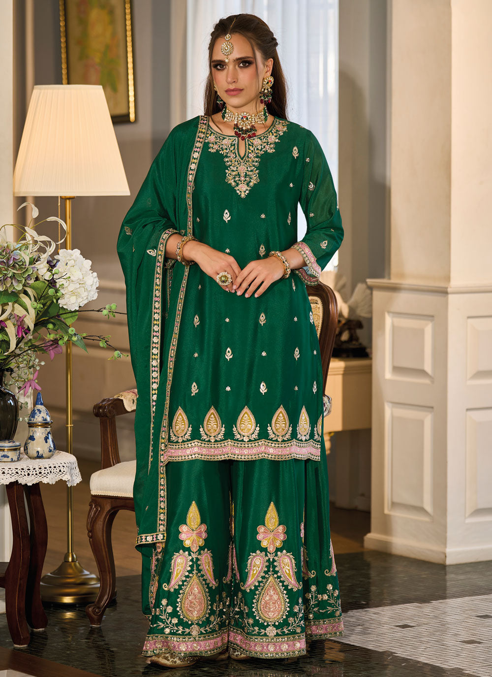 Green Chinon Salwar Suit With Embroidered Work For Ceremonial