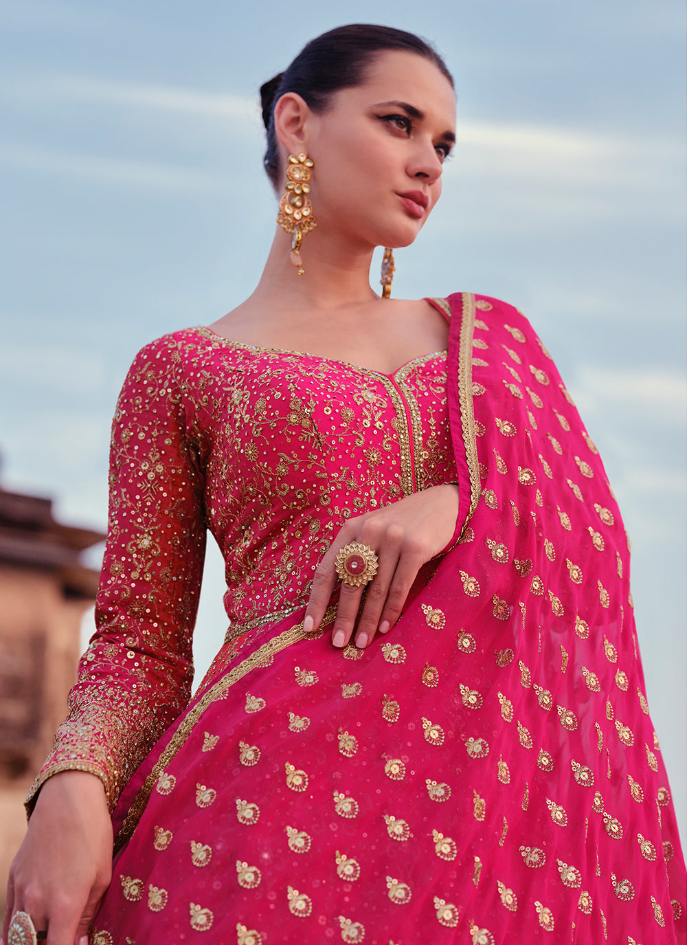 Pink Embroidered And Sequins Work Georgette Designer Gown