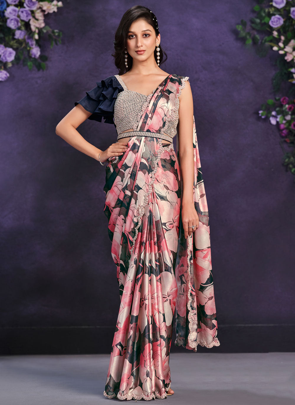 Multi Colour Satin Silk Moti, Sequins And Thread Work Classic Saree